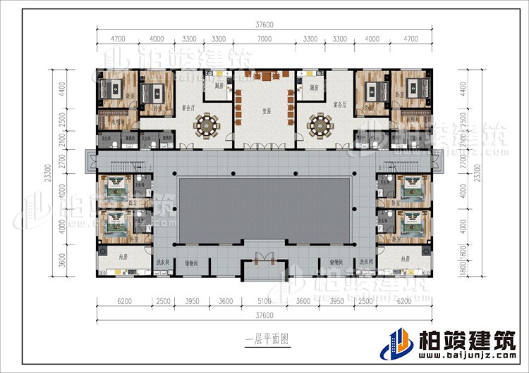 一层：2储物间、2洗衣间、2灶房、8卧室、2衣帽间、2公卫、6内卫、2厨房、2宴会厅、堂屋