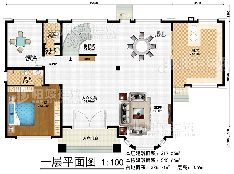 一层：楼梯间、3卧室、衣帽间、公卫、内卫、阳光房、凉亭、2露台