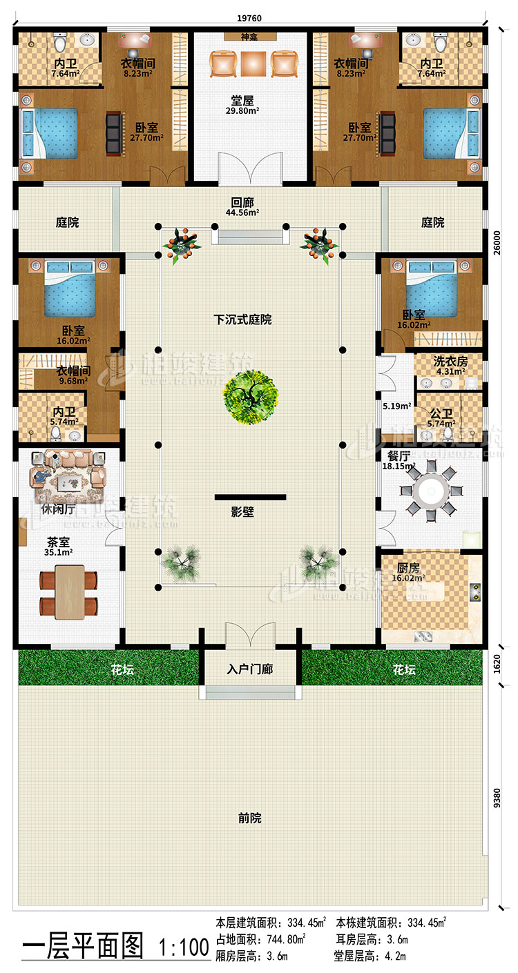 一层：前院、入户门廊、影壁、下沉式庭院、回廊、2庭院、茶室、休闲厅、餐厅、厨房、堂屋、神龛、4卧室、3衣帽间、3内卫、公卫、洗衣房